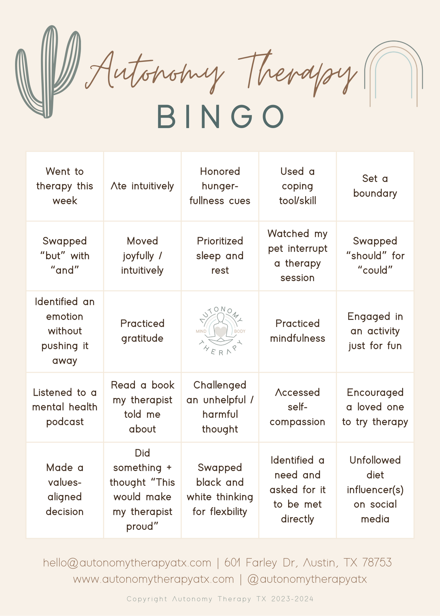 autonomy therapy resources | bingo card + essential reads